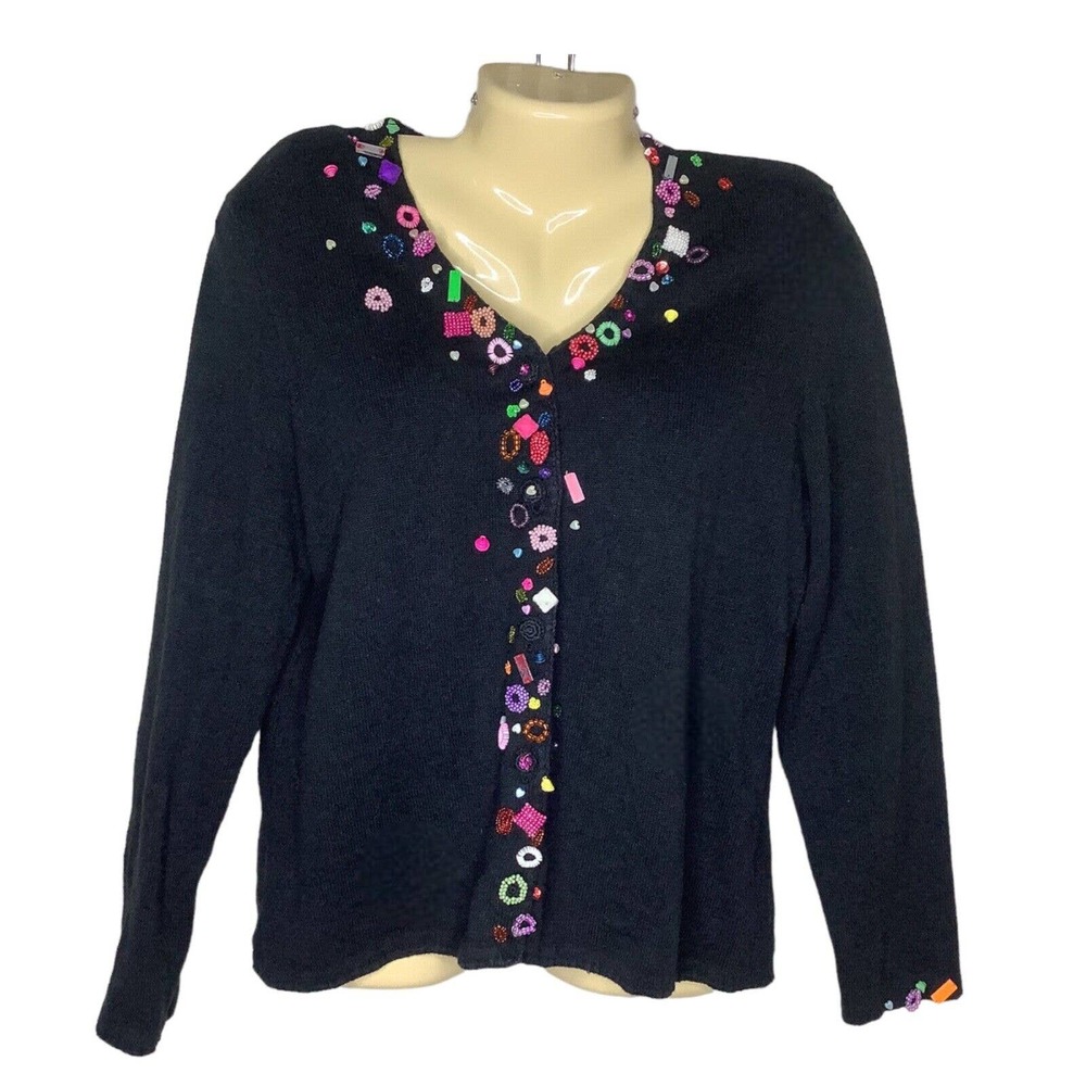 Michael Simon Cardigan Medium Black Colorful Beaded Sequin Hearts Embellished M